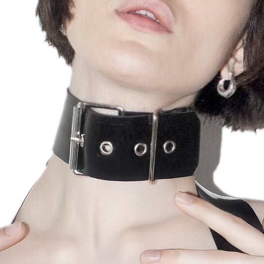 MONNIK | Obsidian Series: Latex choker silver gold hardware - Front view - MONNIK Obsidian Collection