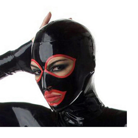 MONNIK Latex Hood Open Eyes Mouth with Red Trim Rubber Mask with Rear Zipper Handmade for Party Catsuit Cosplay