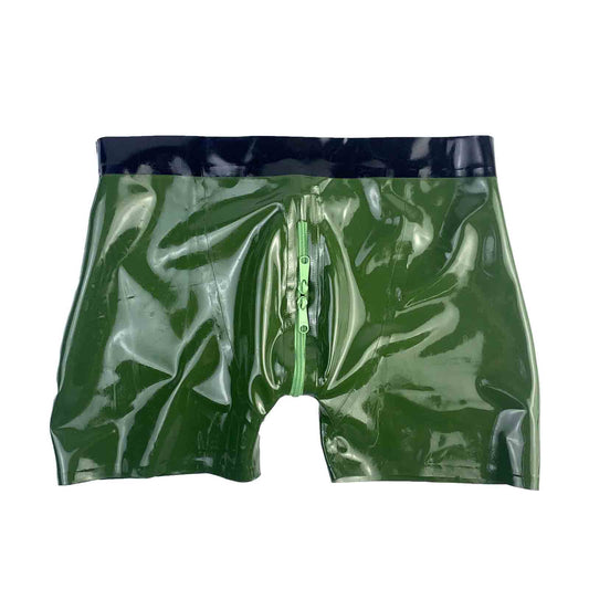 MONNIK Latex Boxer Briefs Green&Black Trim Rubber Underwear Tight Panties Handmade Boxer Shorts for Party Bodysuit