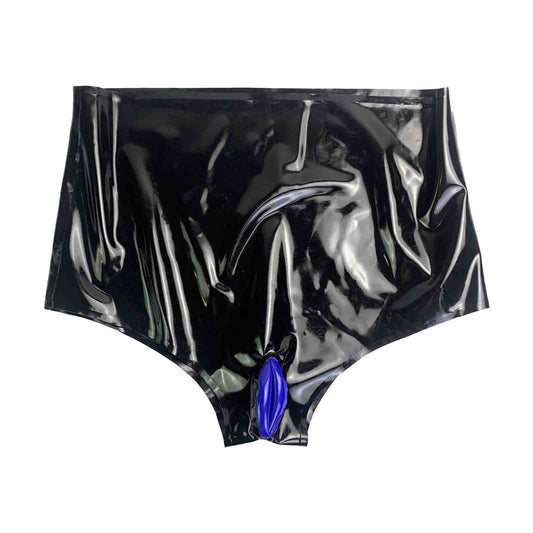Latex High waiste Underwear with Blue Inflatable labia&Anal Condom Briefs Fetish