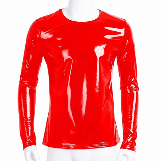 Mens Sexy Glossy PVC Leather Long Sleeve Shirt Erotic Shaping PU Casual Coat Male Shiny Metallic Patent Leather T-shirts Sexi