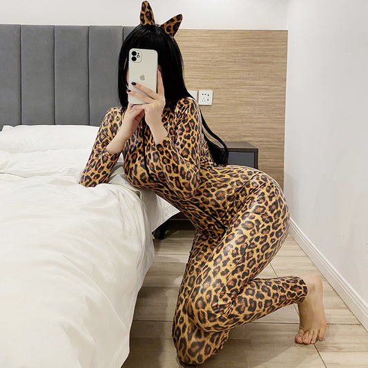 Porn Clubwear Erotic Allure Zipper Open Crotch Bodysuit Mistress Sex Costumes Leopard Sexy Women Wet Look Faux Leather Jumpsuits