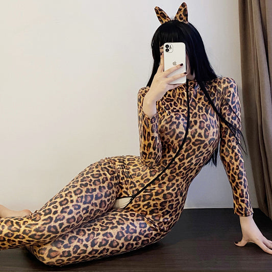 Porn Clubwear Erotic Allure Zipper Open Crotch Bodysuit Mistress Sex Costumes Leopard Sexy Women Wet Look Faux Leather Jumpsuits