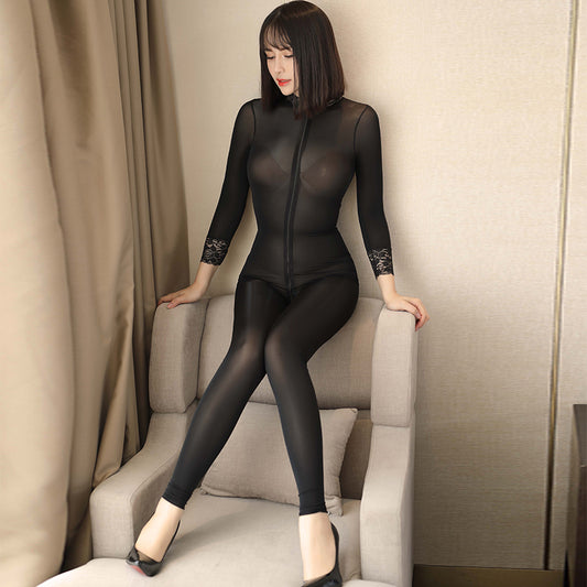 Women Sexy Double Headed Zipper Open Crotch Bodysuits See Through Long Sleeve Jumpsuits Tight High Elastic Shiny Lace Jumpsuit