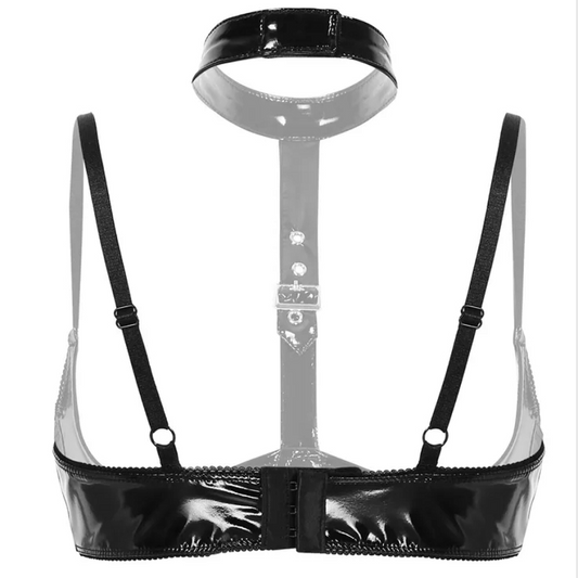 Women Sexy Open Cup Glossy Leather Bra For Sex Back Adjustable Erotic Hot Porn Breast Exposing Shiny PU Halter Neck Tops Sexi