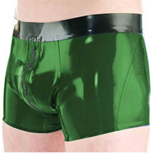 MONNIK Latex Boxer Briefs Green&Black Trim Rubber Underwear Tight Panties Handmade Boxer Shorts for Party Bodysuit