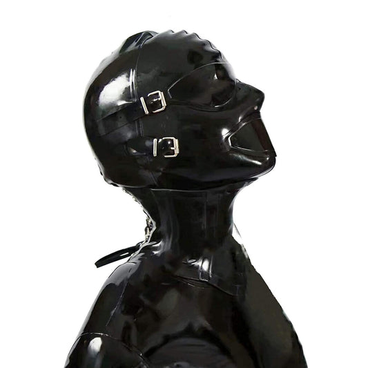 MONNIK Latex Mask Fetish Hood with Eyes&Mouth Cover and Gag with Rear Zipper Handmade for Bodysuit Party Clubwear