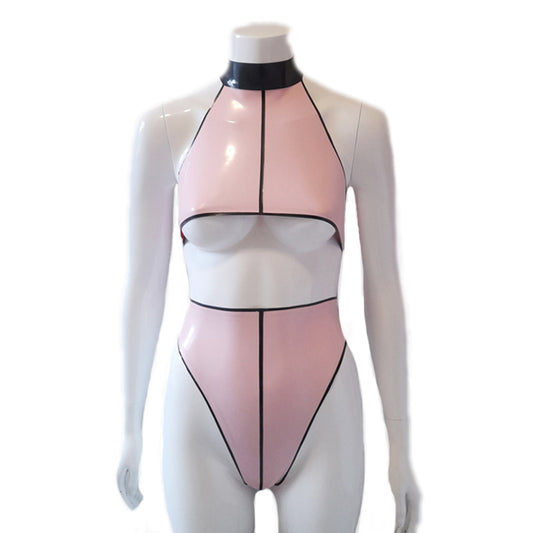 MONNIK | Obsidian Series: Latex Handmade Pin-striped Two Piece - Detail view - MONNIK Obsidian Collection