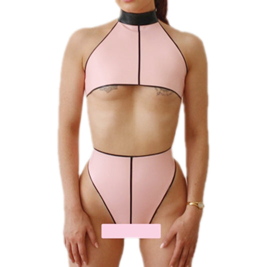 MONNIK | Obsidian Series: Latex Handmade Pin-striped Two Piece - Front view - MONNIK Obsidian Collection