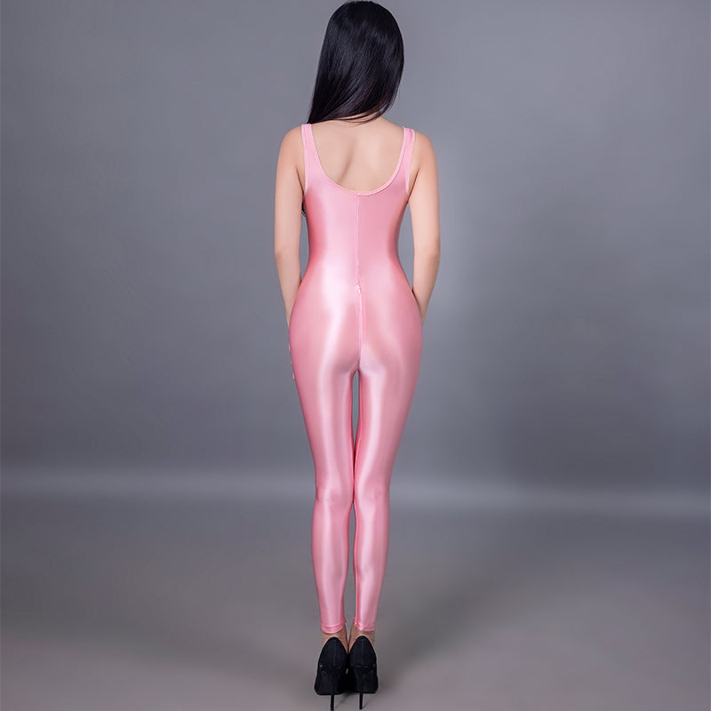 Sexy Smooth Soft Bodysuits Oil Glossy Porn Allure Clubwear Shiny High Elasitc Jumpsuit Women Zip Open Crotch Sex Party Rompers