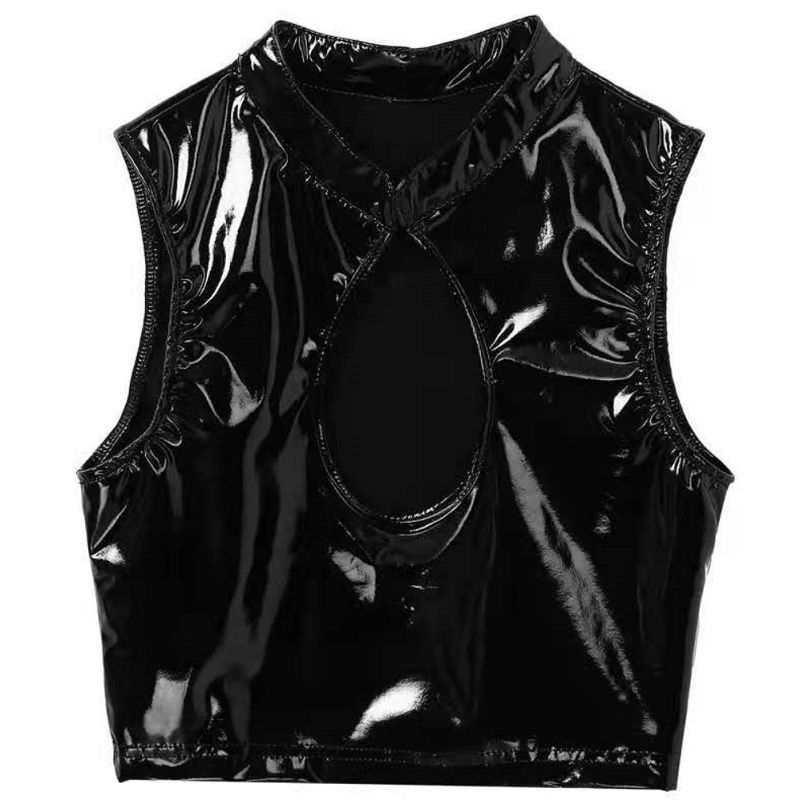 Women Sexy Shiny Leather Vest Erotic Porn Deep U Bare Breast Patent Leather Camisole Glossy Shaping PU Sheath Crop Tank Tops